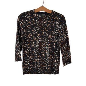 Talbots Sweater Size XS Leopard Print Pure Merino Wool Black Brown Long Sleeve